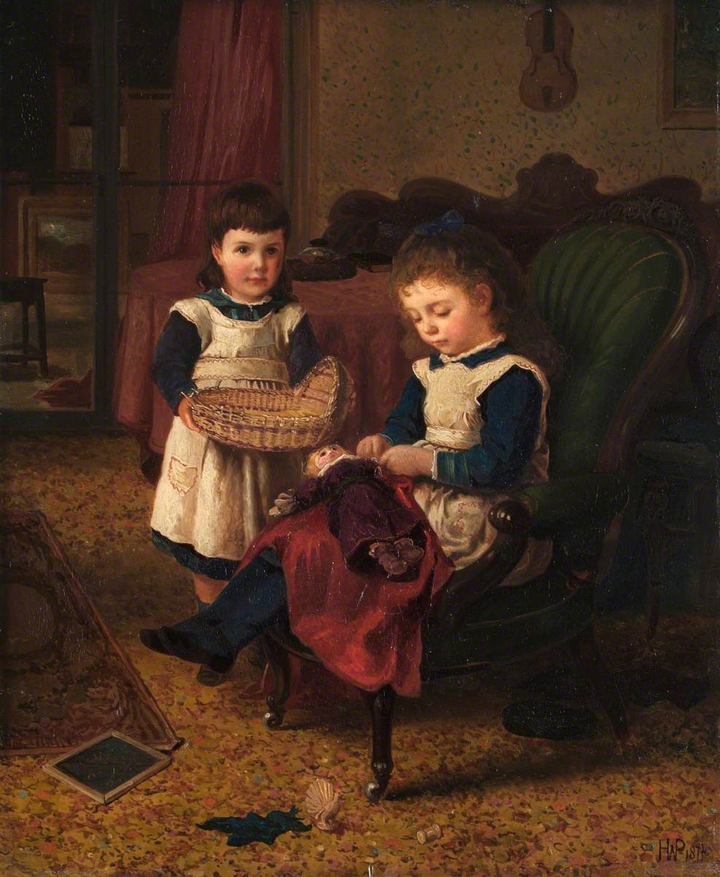 Klassisches Ölgemälde von zwei Kindern in viktorianischer Kleidung in einem häuslichen Interieur.