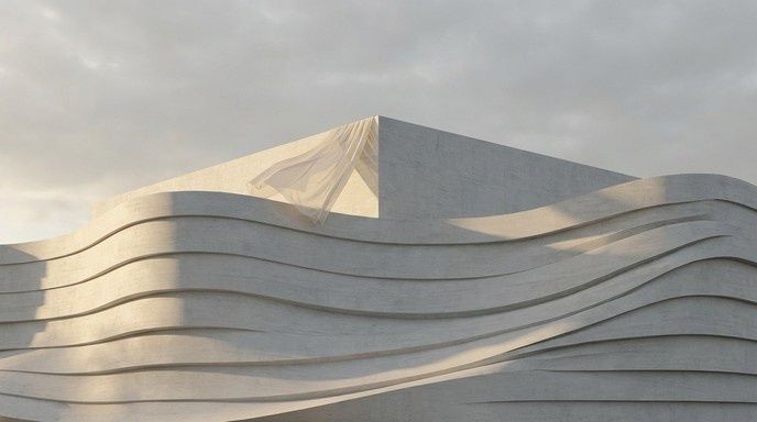 Moderne Fassade mit geschwungenen, rhythmisch verlaufenden Linien